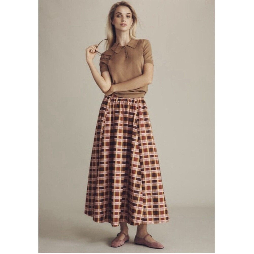 Anthropologie Jacie Poplin Printed Cotton Red Plaid Size Large Maxi Skirt NWT